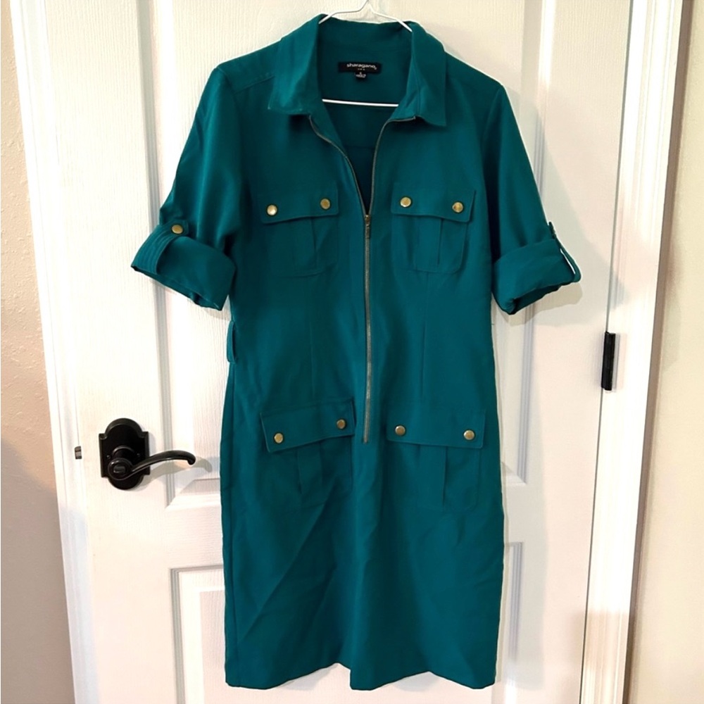 Sharagano Teal Zip Down Sheath Cargo Dress Sz S